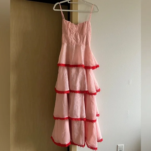Hello Molly Blush Pink Tiered Maxi Dress with Red Lace - Picture 8 of 15